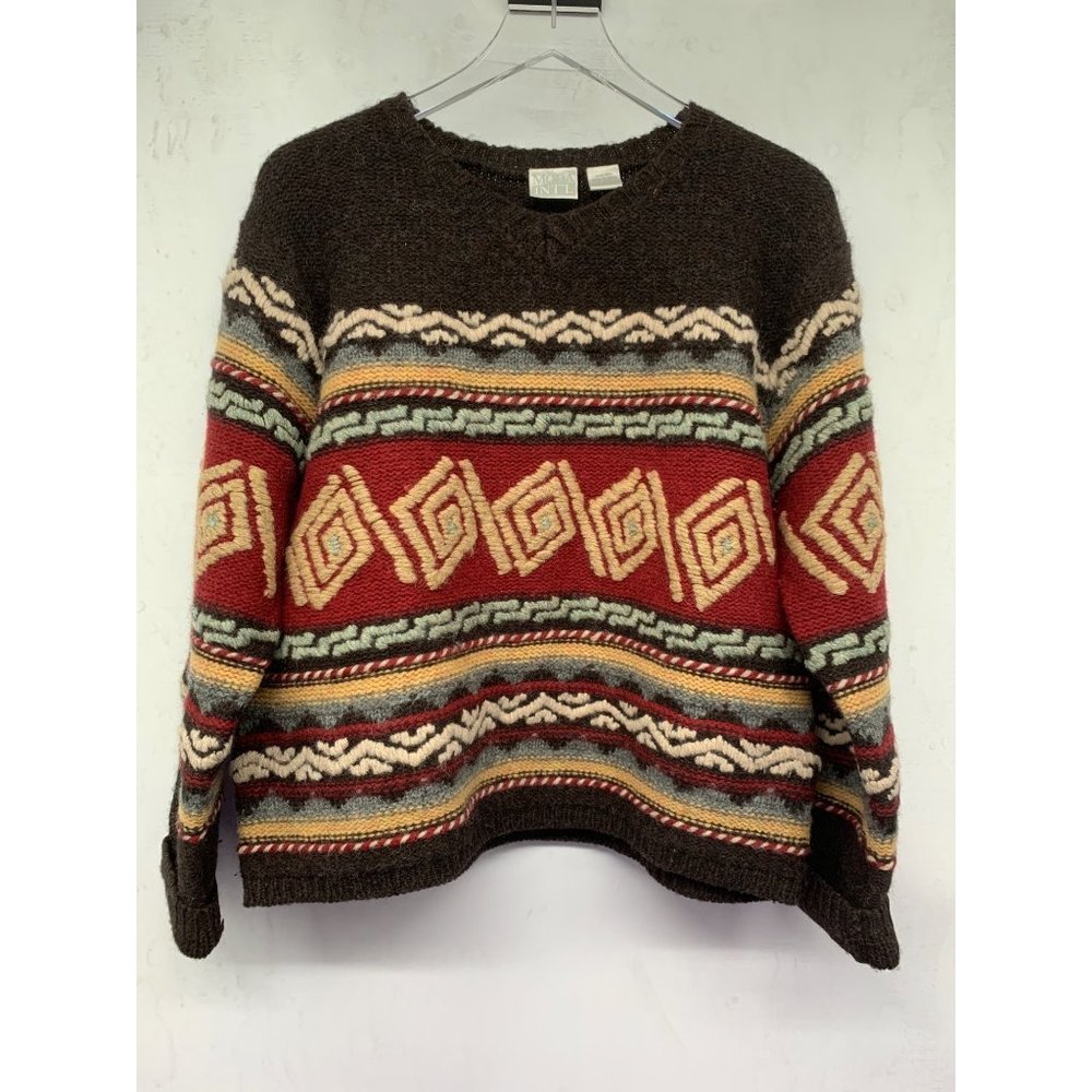 Moda Int'l Women Large Chunky Wool Geometric Tribal Pattern Cozy Sweater Brown R